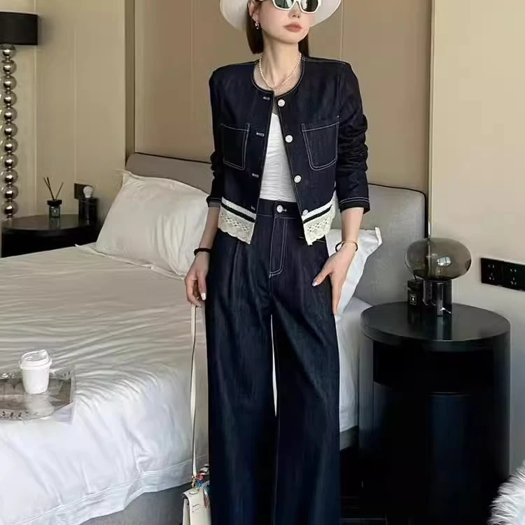 花边拼接牛仔外套女时尚2025春新款圆领长袖套装阔腿裤两件套6557