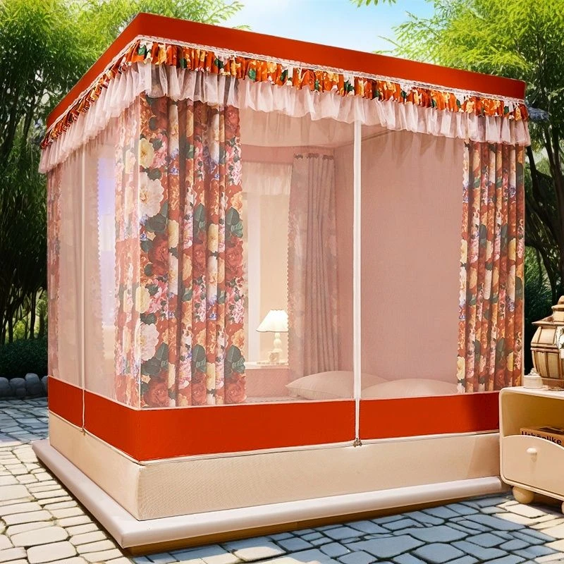 遮光一体式床帘蚊帐家用包围防尘坐床全封闭三开门拉链防风窗幔