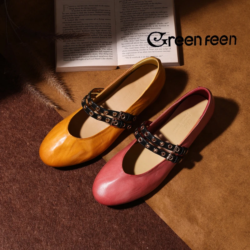 【Green feen】2025春季新款一字带舒适平跟复古马皮浅口单鞋女圆头