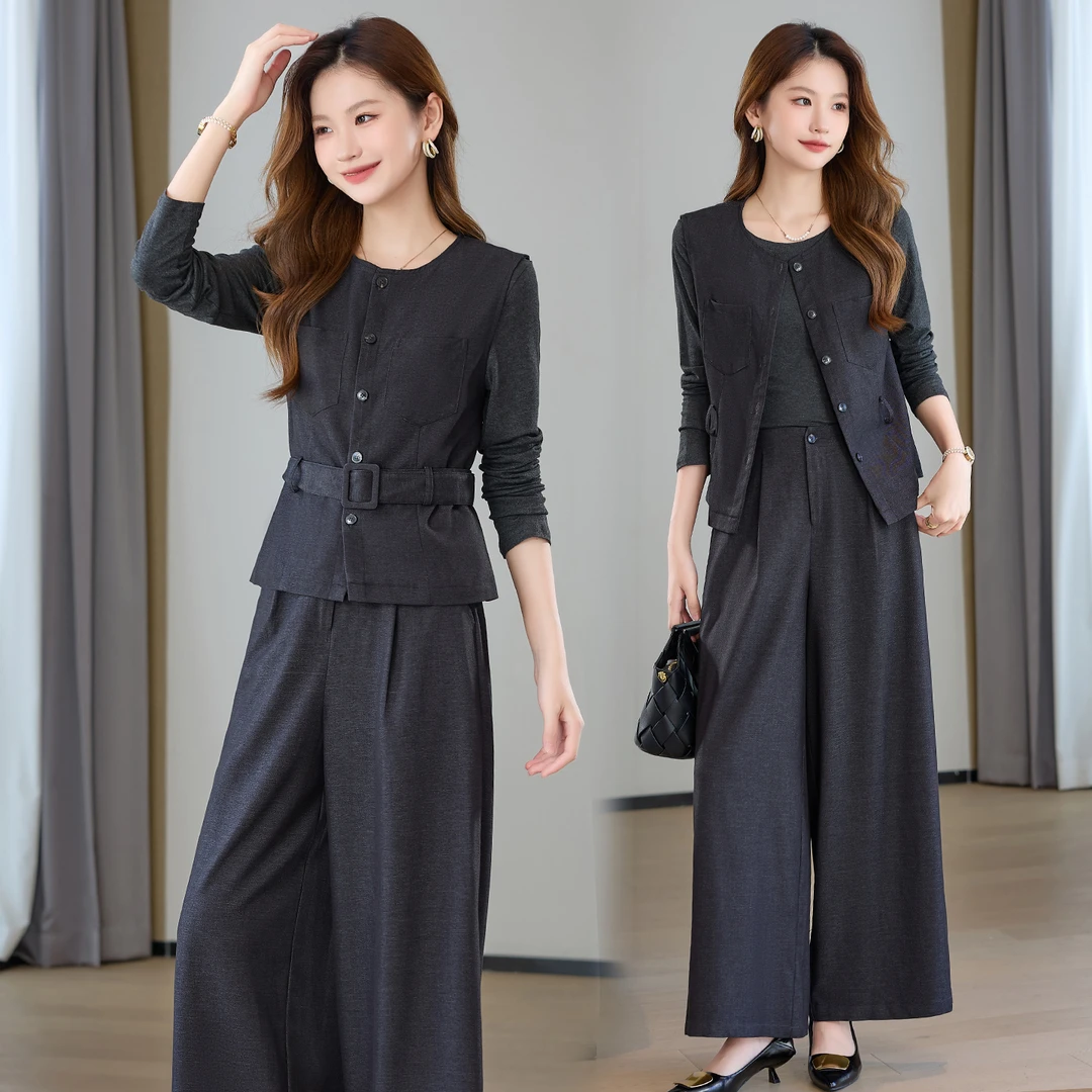 韩系气质系带马甲套装女2025春秋新款高级感修身显瘦阔腿裤三件套