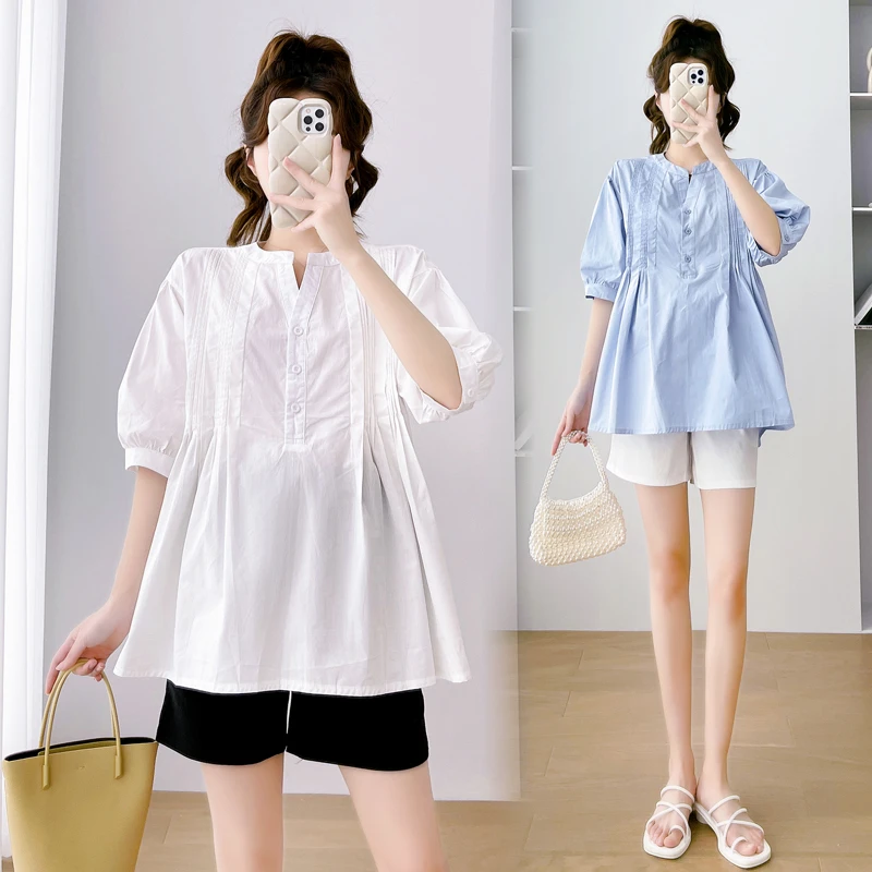 孕妇套装夏季新款减龄孕妇娃娃衫宽松休闲褶皱上衣托腹短裤两件套