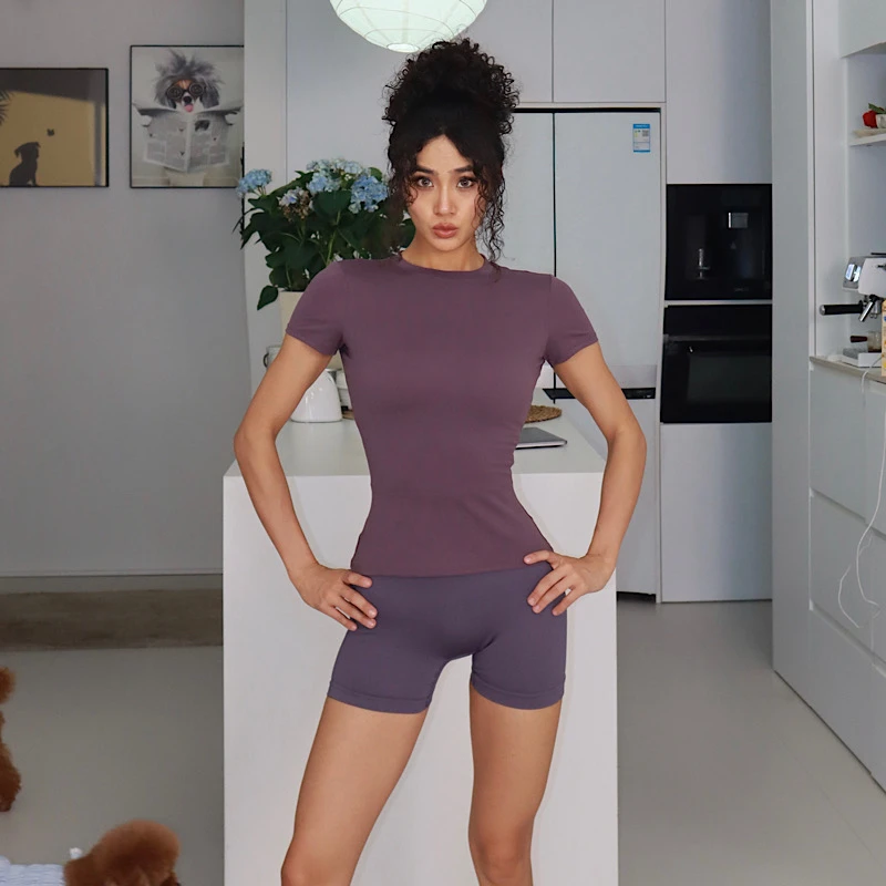 akiyo studio欧美圆领紧身磨毛瑜伽T恤百搭户外跑步运动短袖女