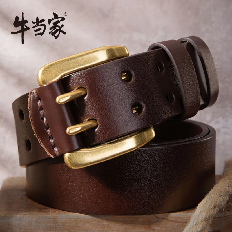 CattleOWN/牛当家男士皮带真皮个性双针扣头层牛皮休闲牛仔裤腰带