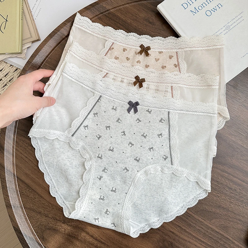 探路猫10A抑菌灰咖网纱拼接内裤女蕾丝提花包臀纯棉中腰三角裤