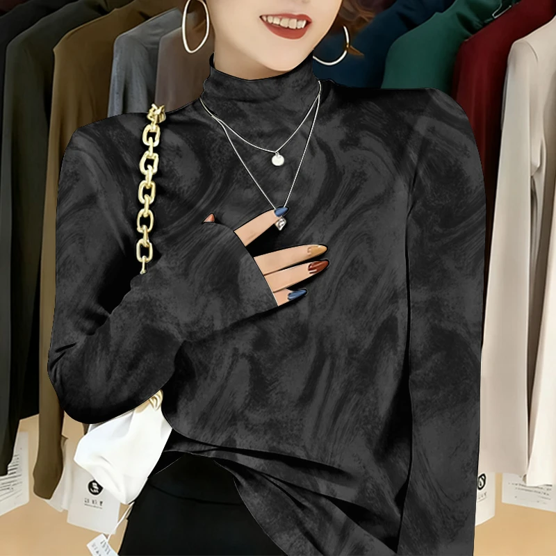 半高领打底衫女内搭扎染半高领长袖t恤女装秋冬百搭加绒德绒上衣