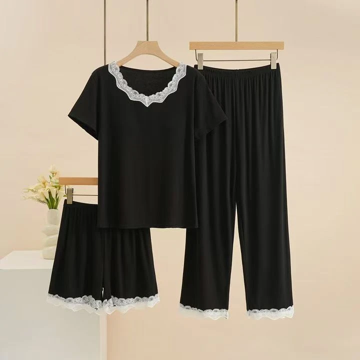 带胸垫睡衣女春夏秋莫代尔条纹棉短袖长裤蕾丝可外穿家居服三件套