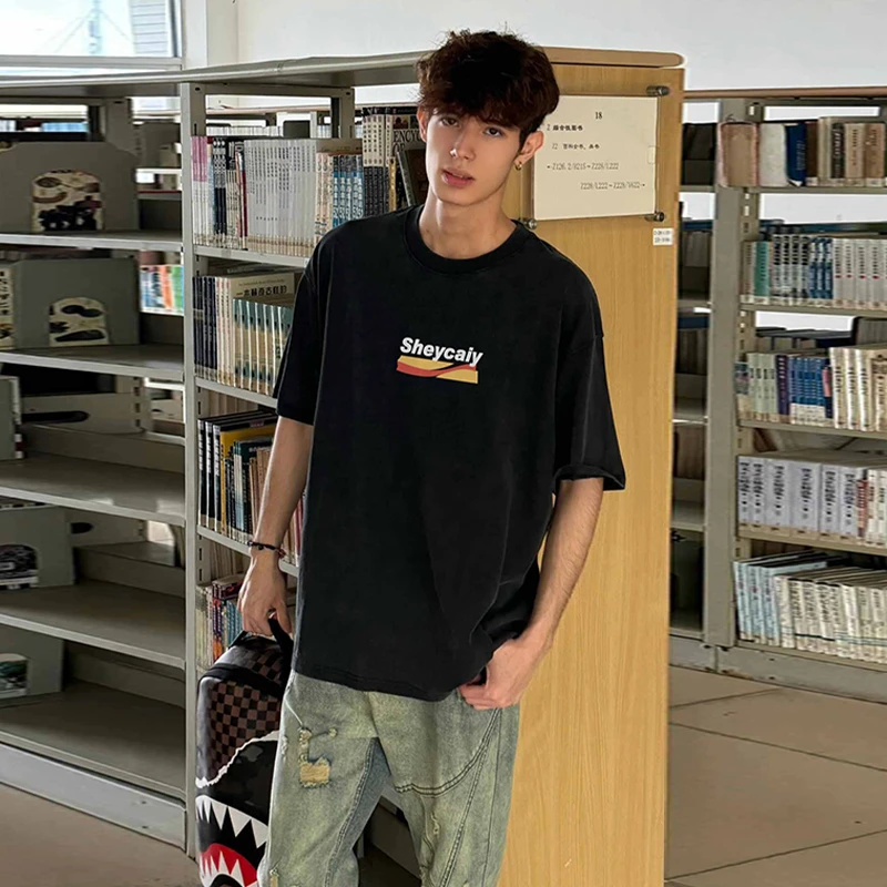 国潮创意个性字母印花男士短袖t恤2025春季新款潮流帅气黑色上衣