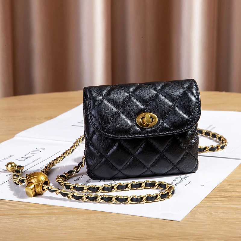 小香风菱格羊皮迷你斜挎小包包小金球链条真皮单肩包钥匙零钱包女