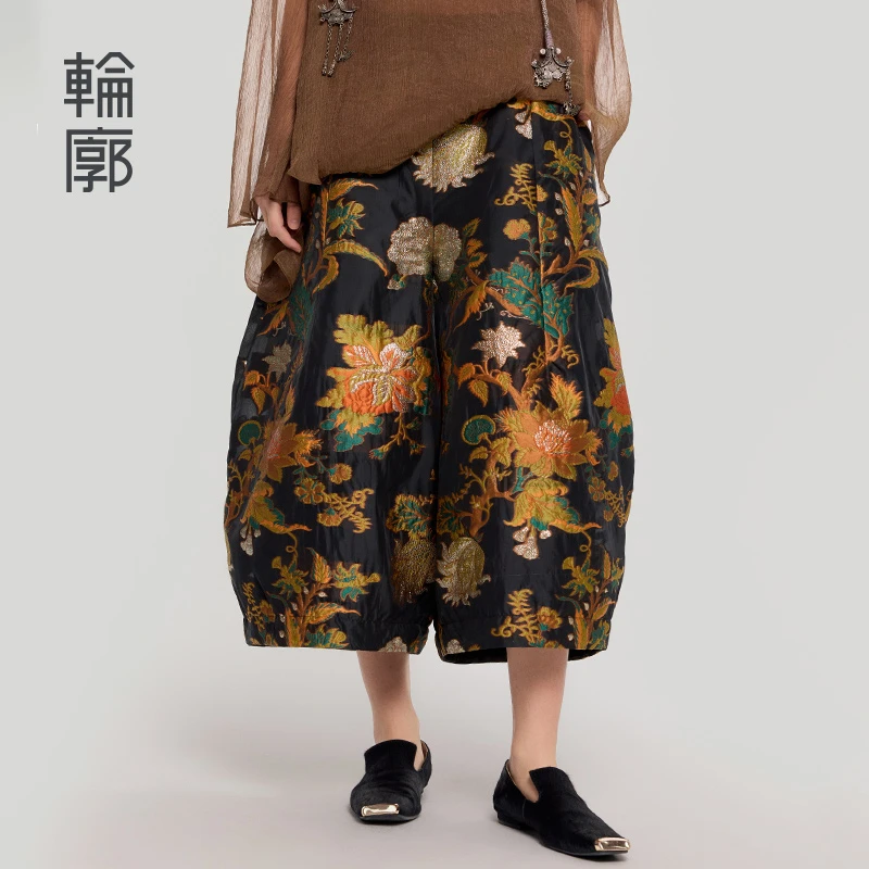 轮廓菩提果原创国风提花阔腿裤时尚休闲宽松八分花苞裤女L251K007