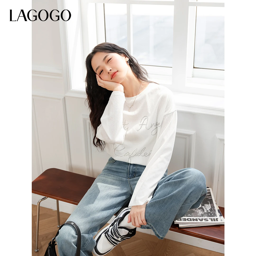 【晚晚专属】lagogo2025新款简约字母烫钻落肩舒适T恤女OATT511G12