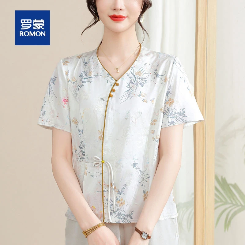 罗蒙小个子中老年妈妈夏装短袖高端雪纺衬衫套装女贵夫人气质小衫