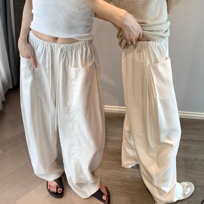 2025秋季宽松直筒白色阔腿裤女慵懒风显瘦口袋弯刀裤百搭休闲裤子