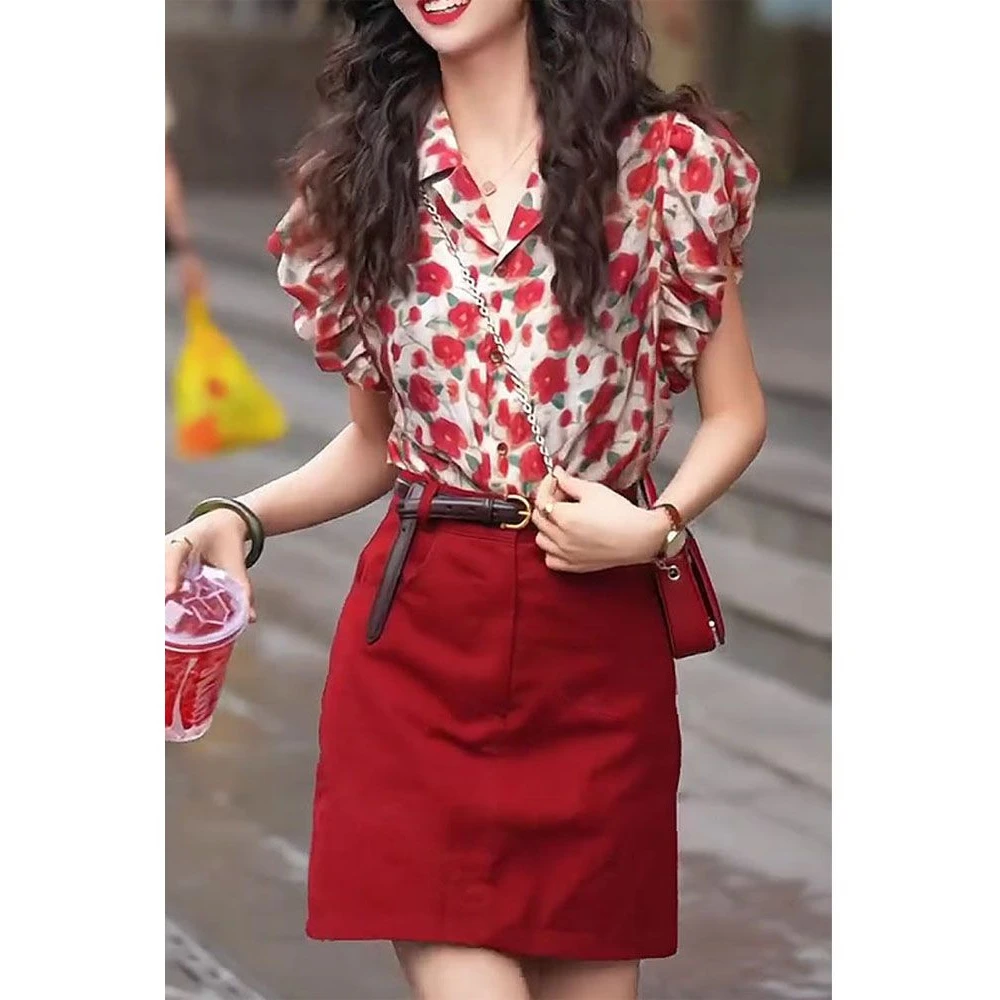 2025新款港风复古法式印花衬衫搭红色短裙减龄时尚洋气