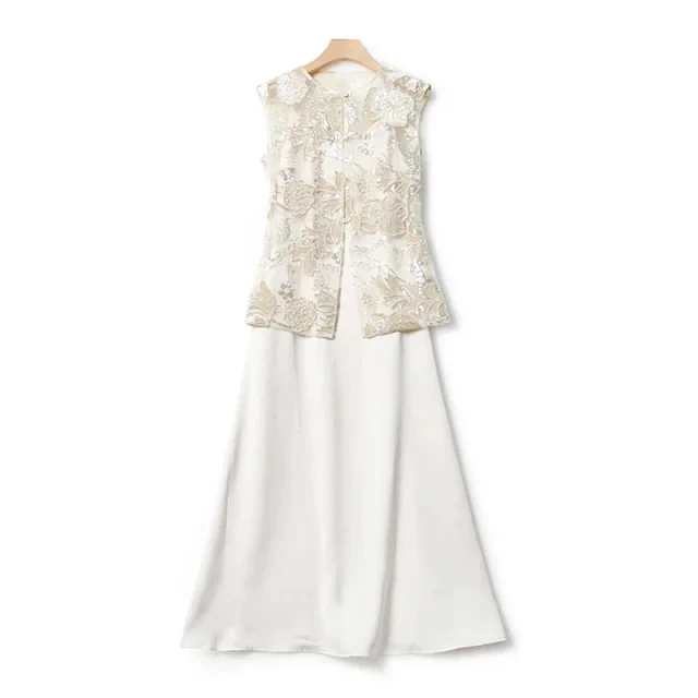 【维姐精选】国风璀璨丝绒珠片玉扣马甲+ 吊带连衣裙