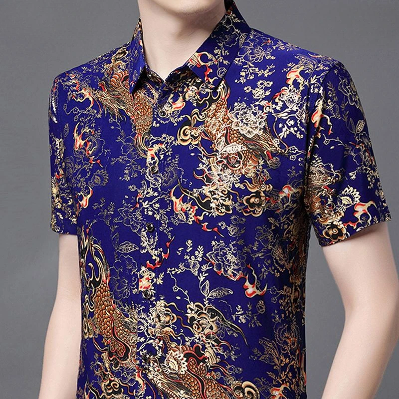 保罗夏季方领短袖衬衫男士烫金中年爸爸印花免烫帅气中年衬衣古风