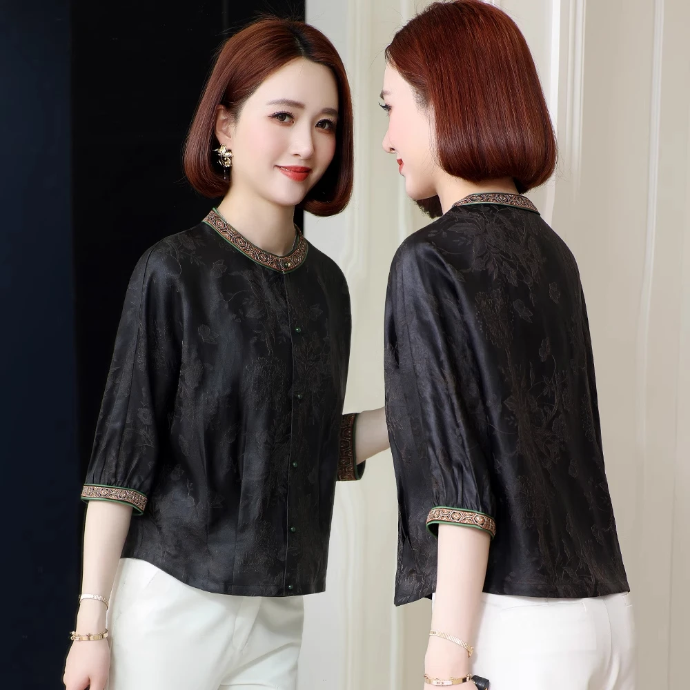 香云纱真丝衬衣女款2025夏季新款高级感妈妈提花桑蚕丝衬衫女上衣