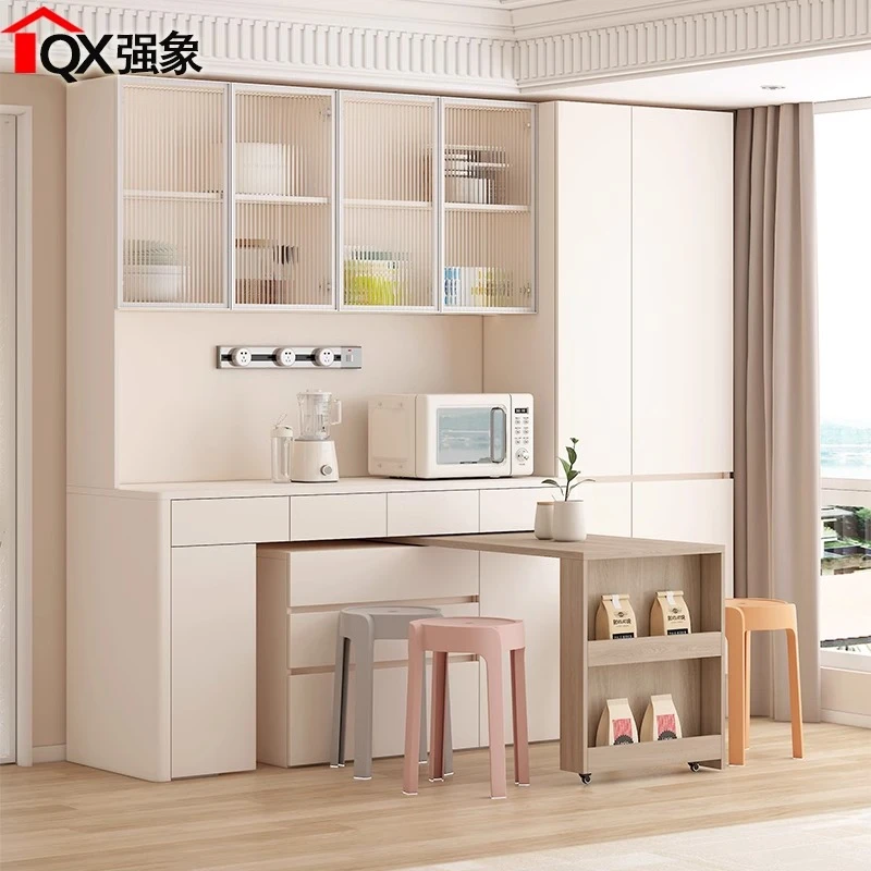 奶油风旋转餐桌餐边柜一体靠墙储物柜多功能收纳备餐柜定制G368