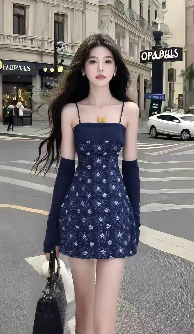 轻奢高级甜美少女感碎花一字肩吊带深蓝色收腰别致设计感连衣裙女