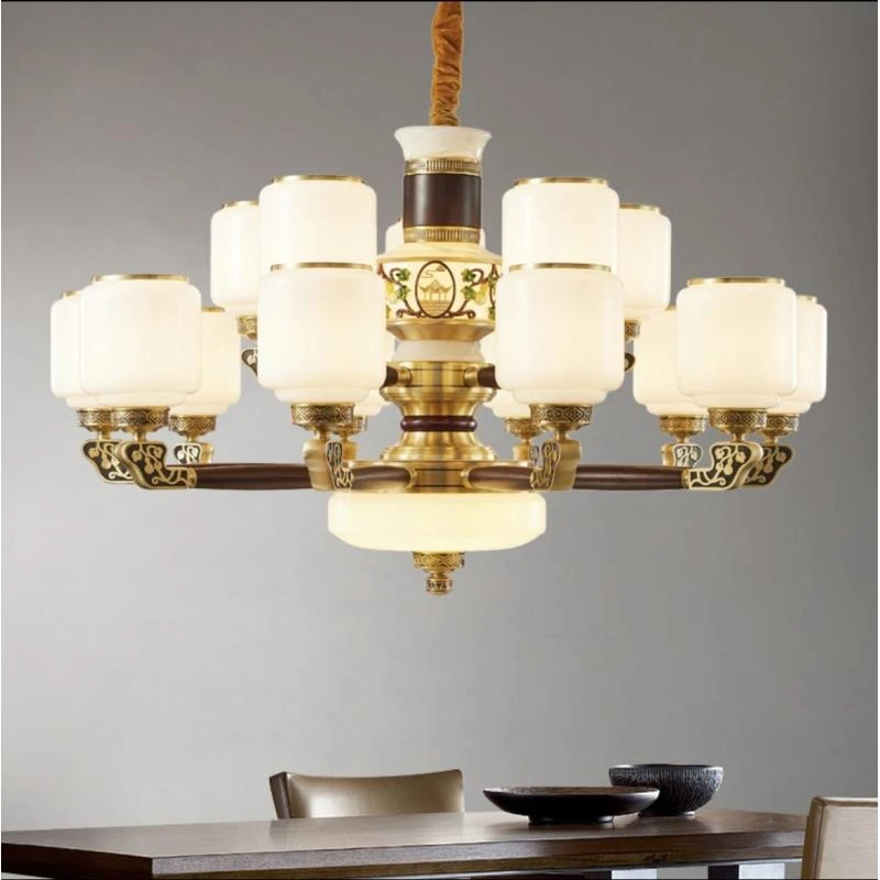 新中式吊灯铜加木的客厅挑空客厅旋转楼梯中国风现代复式楼大吊灯