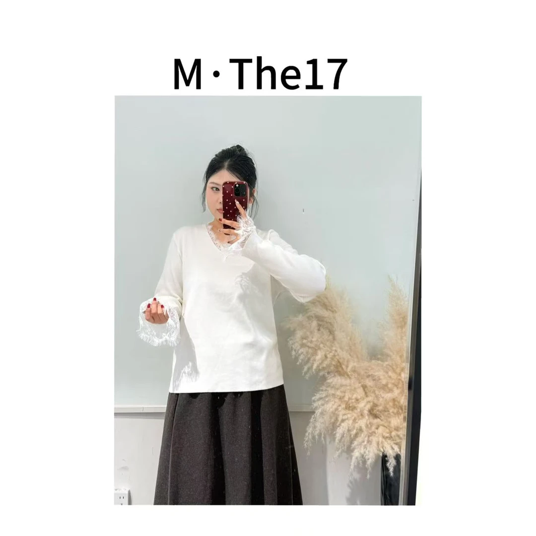 M·The17  2025秋冬大码纯欲蕾丝边v领内搭针织打底