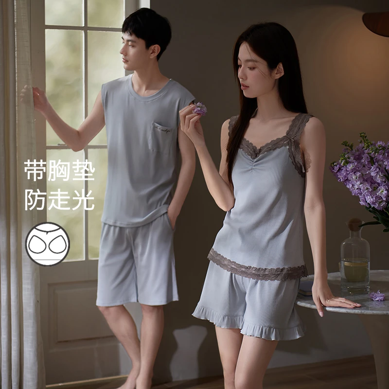 思莉太太情侣睡衣夏季女款可外穿带胸垫吊带背心男士夏天居家套装