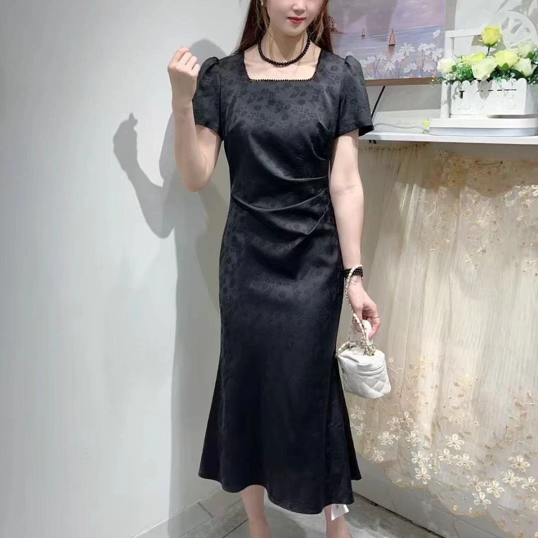 改良旗袍长裙女2025夏新款国风新中式短袖领口珠A008