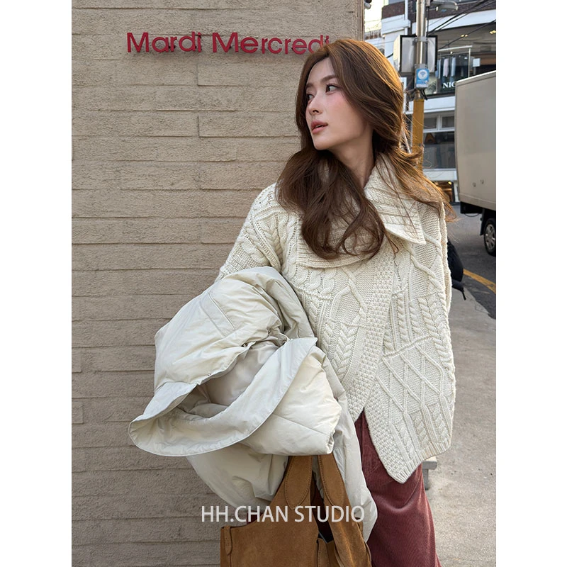 HH.CHAN“温柔女主”100%绵羊毛大翻领韩系米白色针织衫HH53G39621