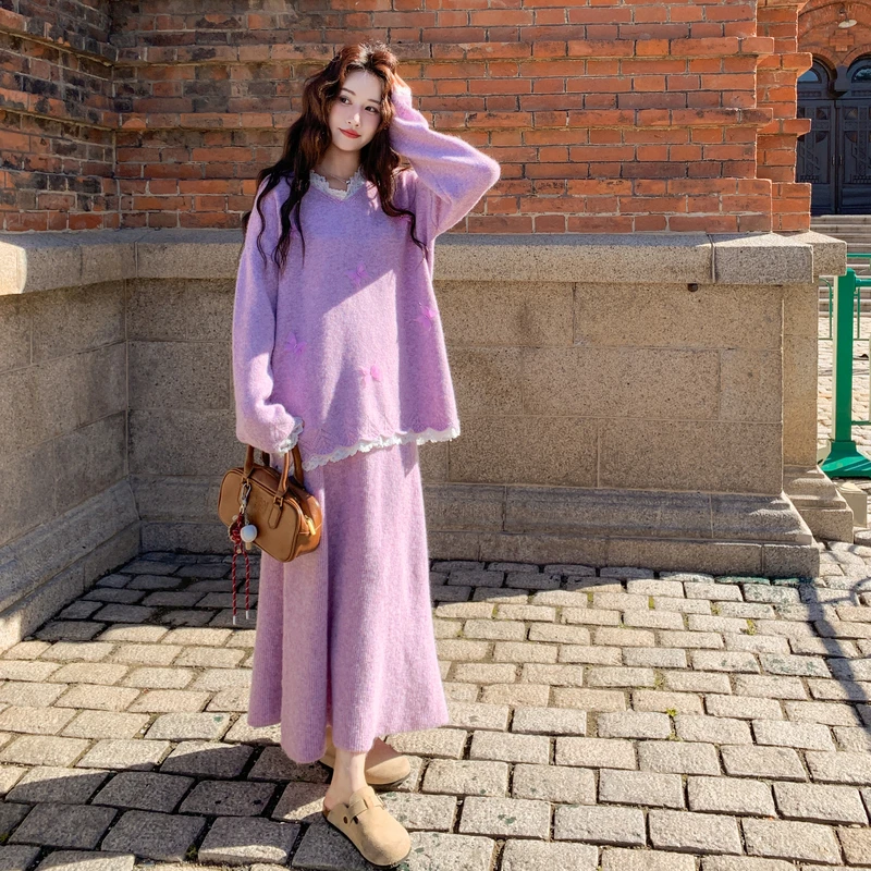 粉色盐甜系穿搭减龄蕾丝拼接毛衣针织衫显瘦半身裙两件套女秋冬季