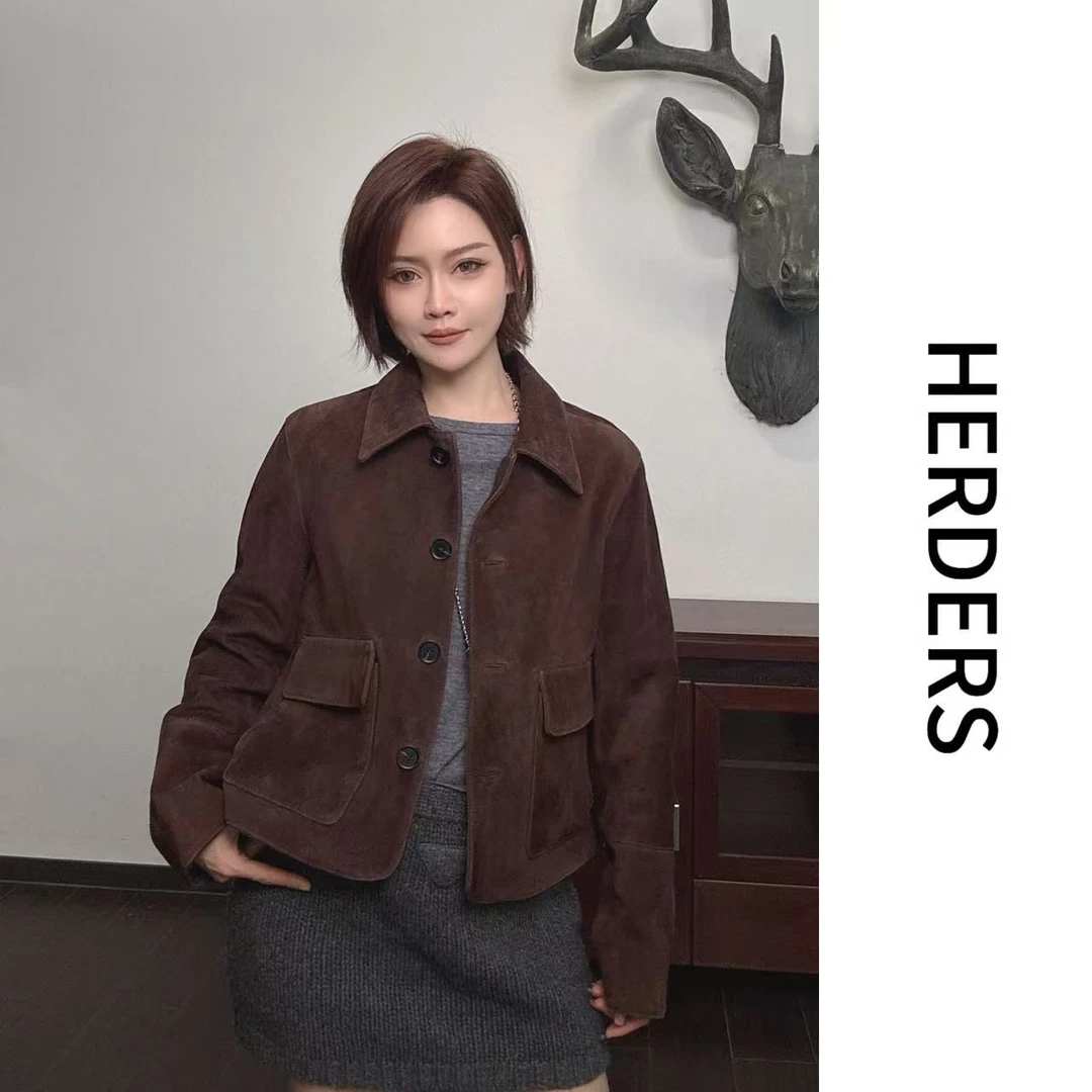 HERDERS‘高奢反绒系列’ 短款翻领纽扣款皮衣 256751