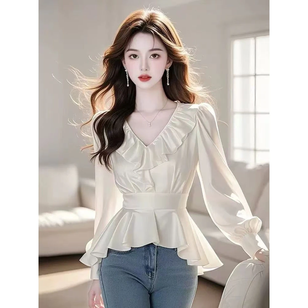 法式小香风超好看独特漂亮上衣收腰荷叶边雪纺衫女2025春季新款