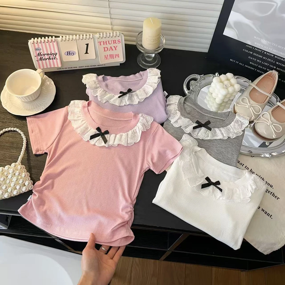法式蕾丝花边2025新款蝴蝶结T恤女童夏季短款不规则褶皱短袖上衣