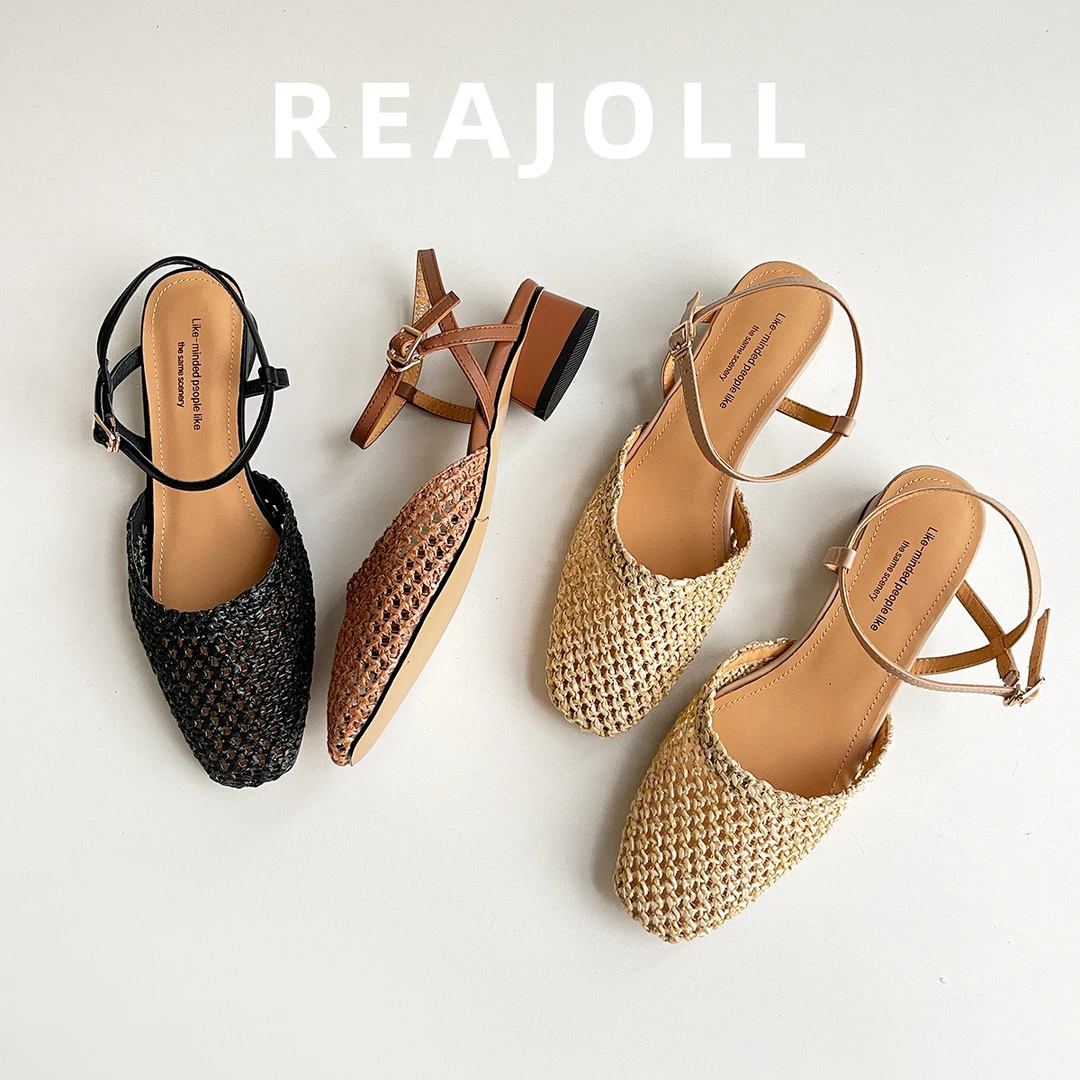 法式小众镂空气质百搭网红粗跟网面编织新款百搭凉鞋女方头夏季