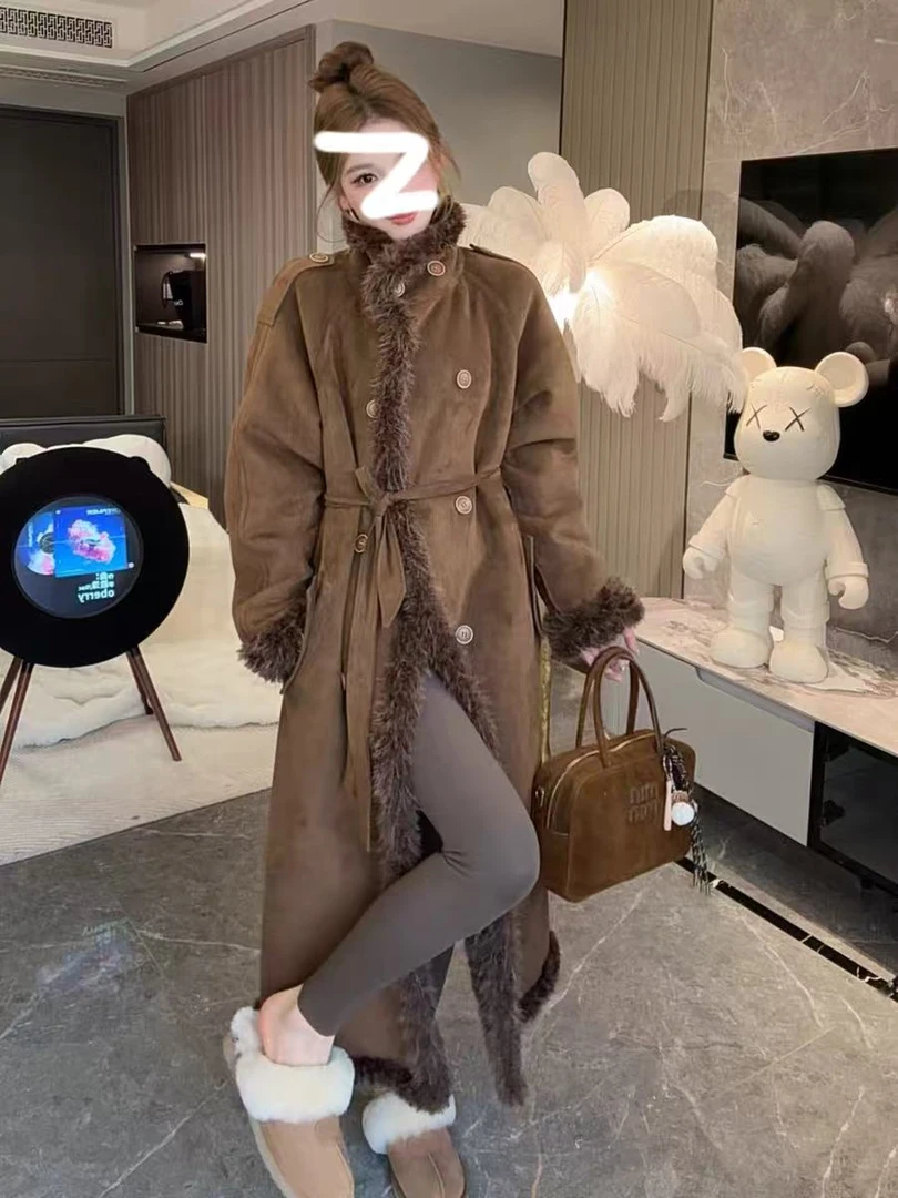 T3318300-两面穿毛毛外套女冬毛茸茸立领加厚长款毛毛大衣