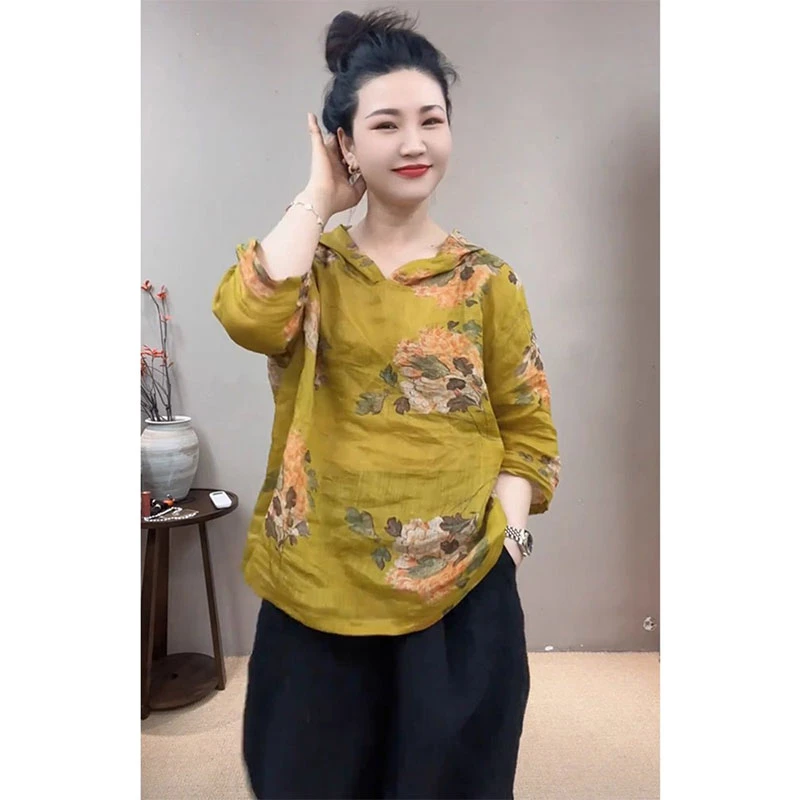 复古百搭宽松连帽印花衬衫欧洲站2025夏季洋气休闲显瘦套头上衣