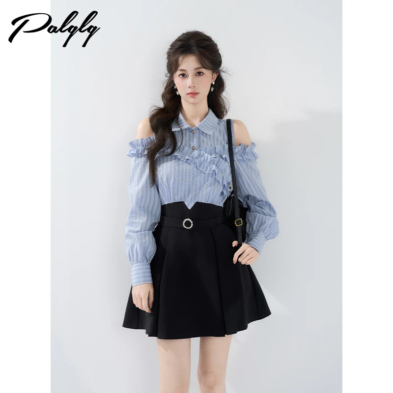 Palglg法式露肩衬衫长袖条纹秋季高级感假两件高腰裙53PDA44411