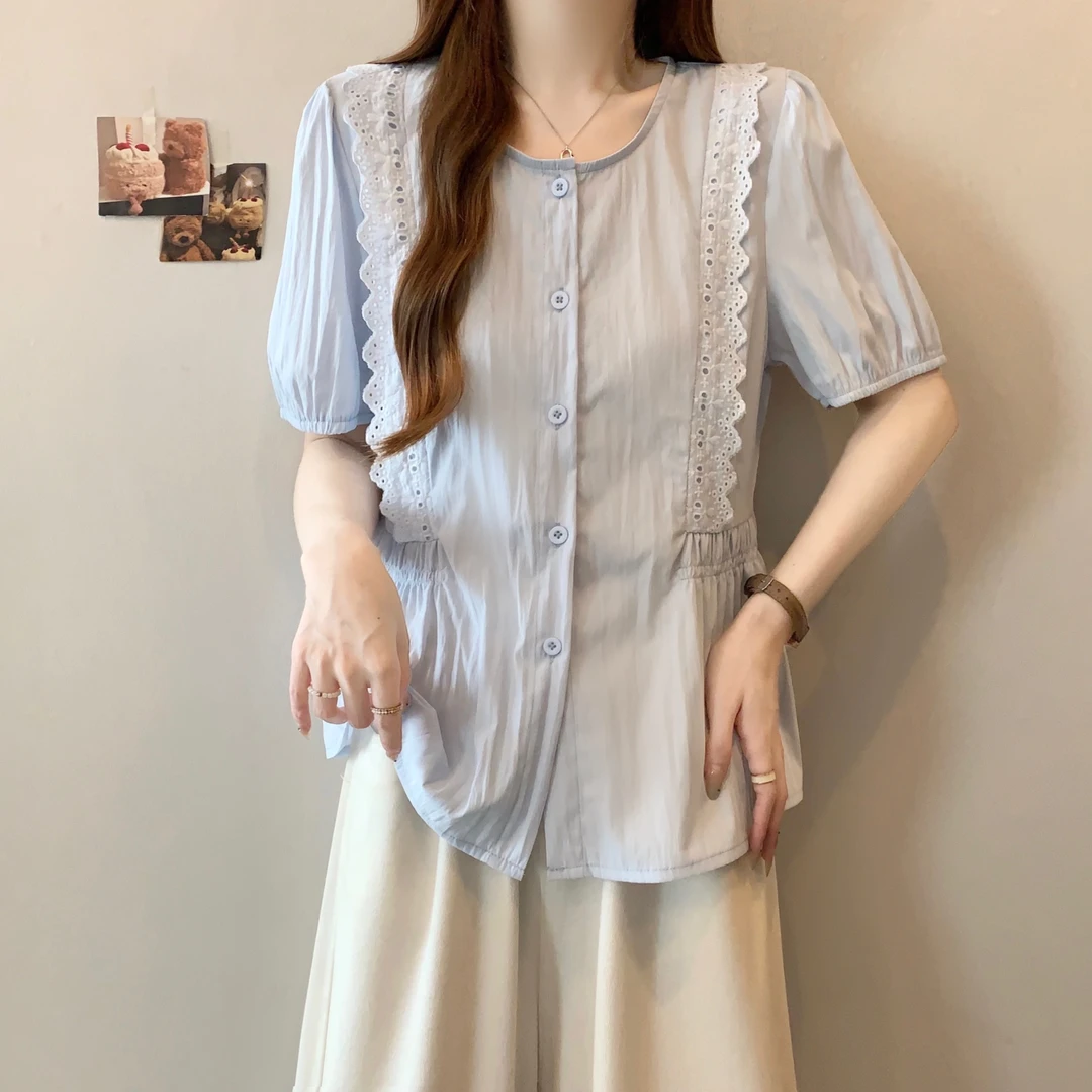 夏季胖mm减龄时尚大码女装显瘦遮肚子衬衫蕾丝花边收腰短袖娃娃衫