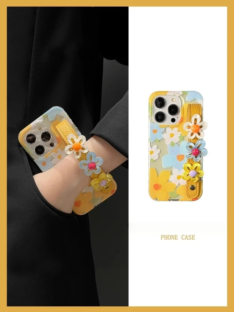 夏日涂鸦花色花朵腕带适用iPhone16promax苹果15手机壳14创意13女