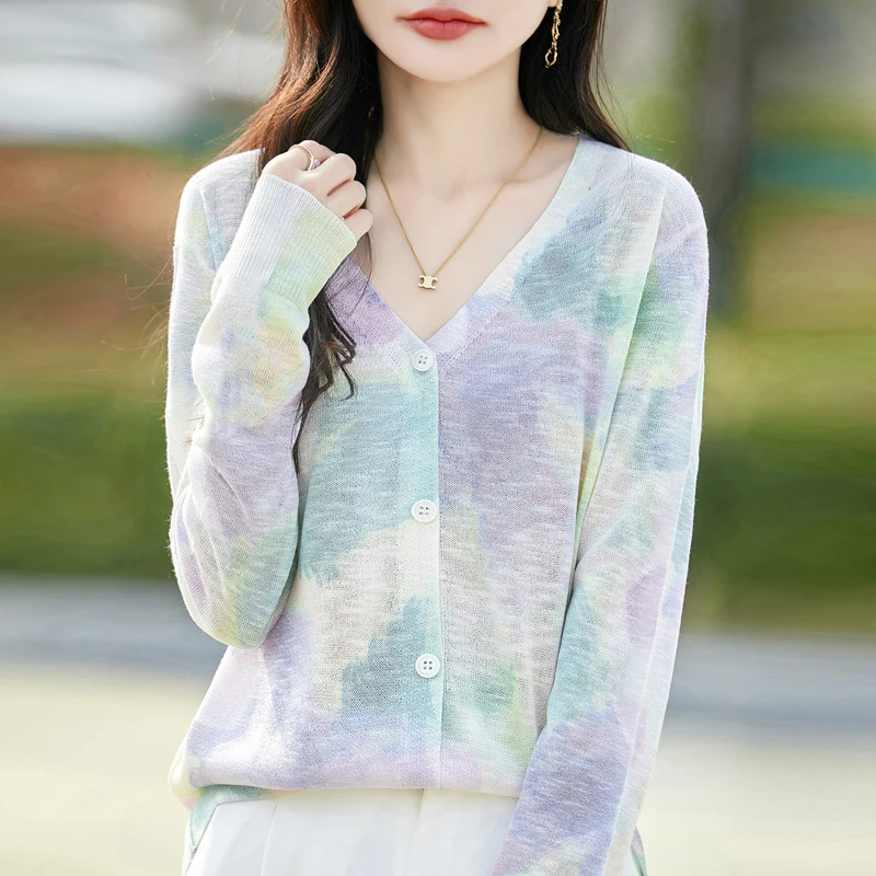 竹节麻印花长袖针织开衫女防晒衣2025新款空调衫外搭披肩上衣小衫