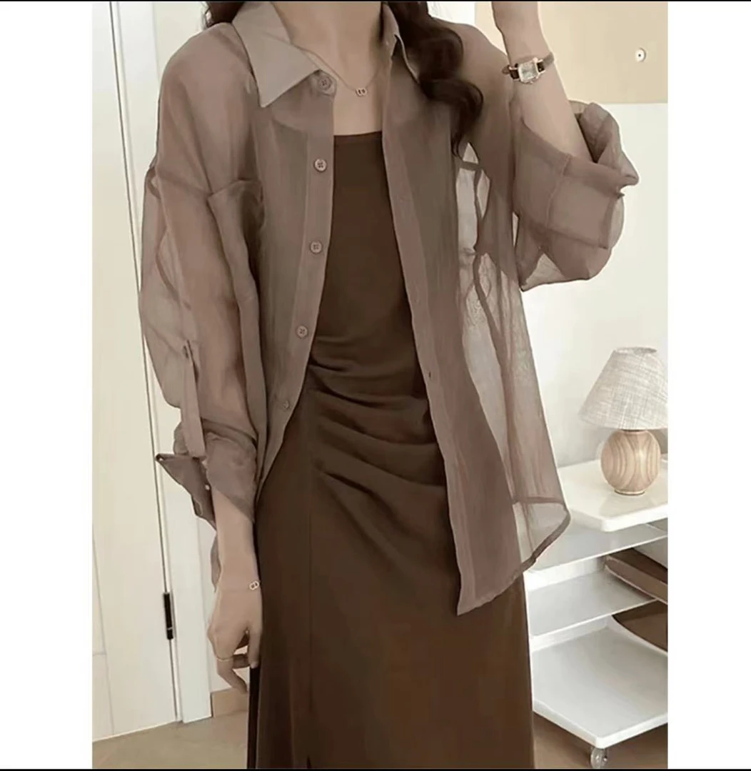 H2447 长袖衬衫吊带连衣裙时尚洋气两件套气质长裙开衫套装