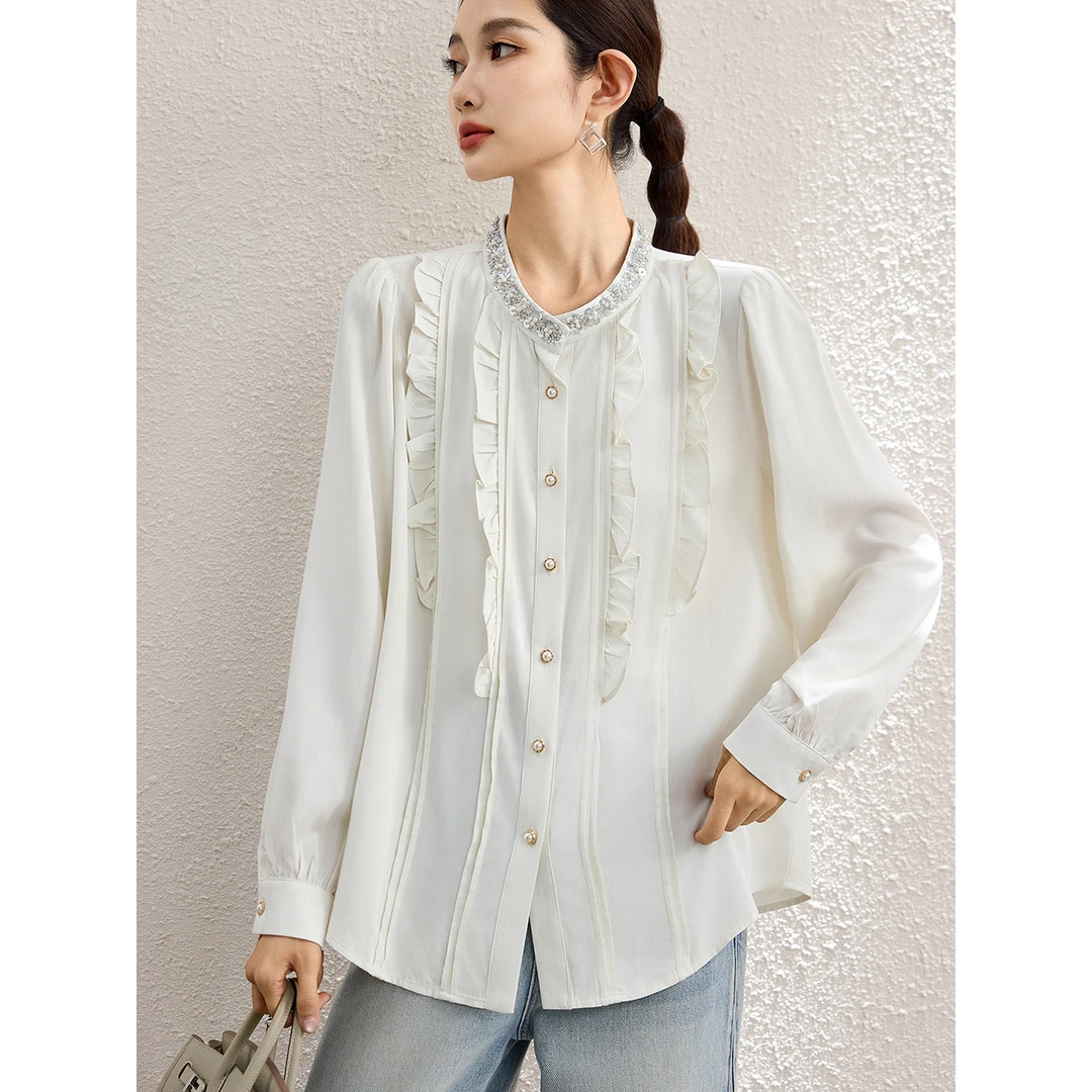 DUCURNO时尚钉珠白色衬衫女秋季2025新款木耳边拼接宽松气质衬衣