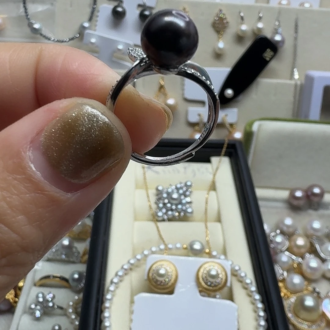 戒圈银S925镶嵌海水珍珠8.6mm大溪地黑紫色戒指微瑕