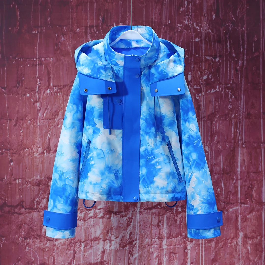 【LIANG哥女装】2025欧货高定冰川蓝太阳花印染廓形连帽外套6206A