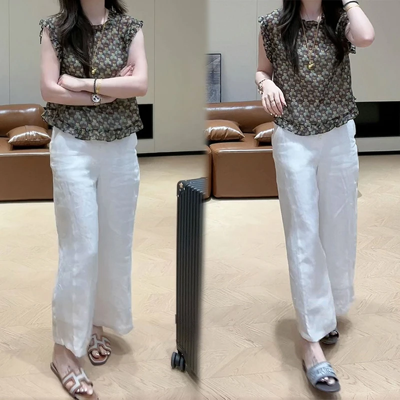 2025夏季设计感复古碎花木耳边无袖上衣+百搭时尚阔腿裤套装女款