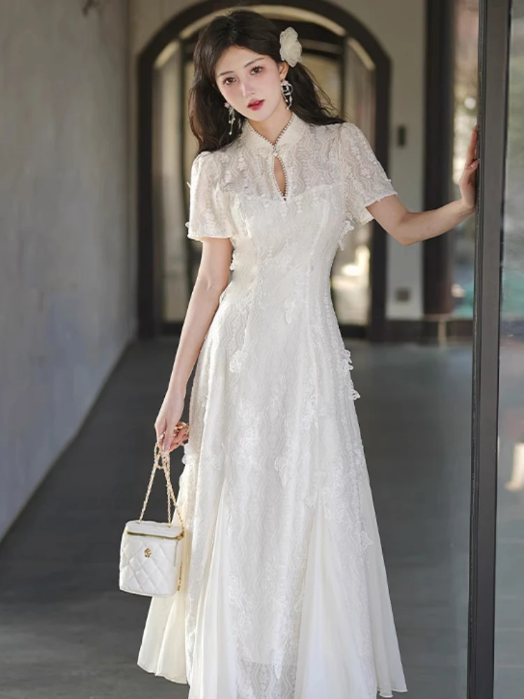 2025夏季新中式国风蕾丝长款绣花旗袍连衣裙收腰鱼尾裙礼服长裙