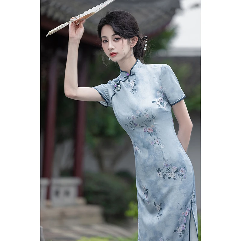 7009蓝色旗袍新中式日常2025夏季修身高级感气质年轻款独特流行