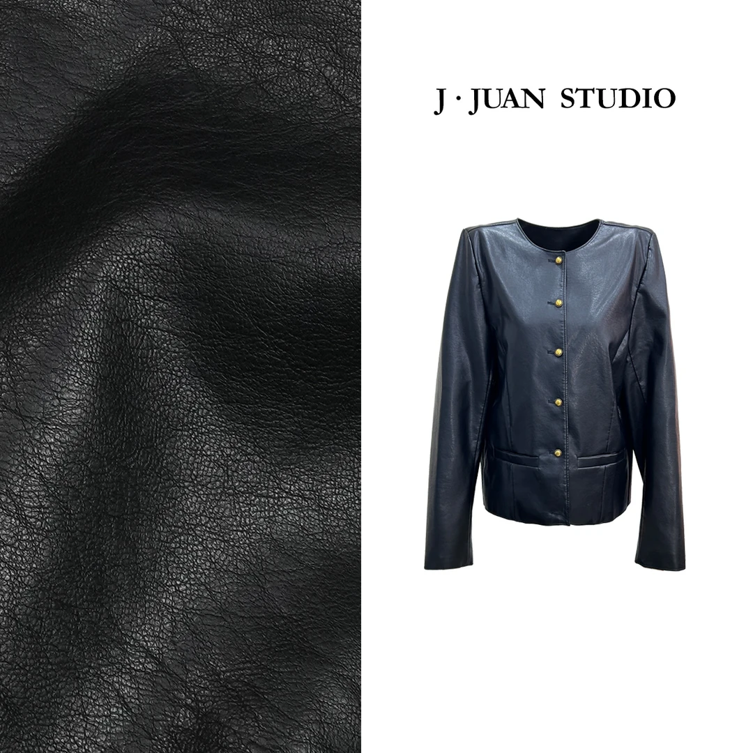 【J.Juan】里约-春季蛋白皮衣小香风外套高个子女装短款黑色PU夹克