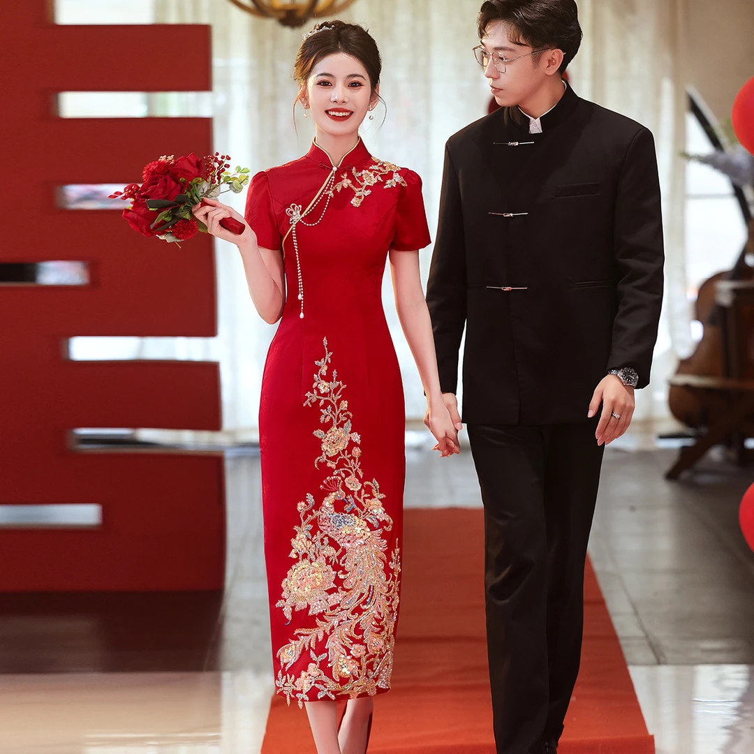 红色旗袍敬酒服新娘2024新款结婚订婚回门礼服便装刺绣新中式礼服