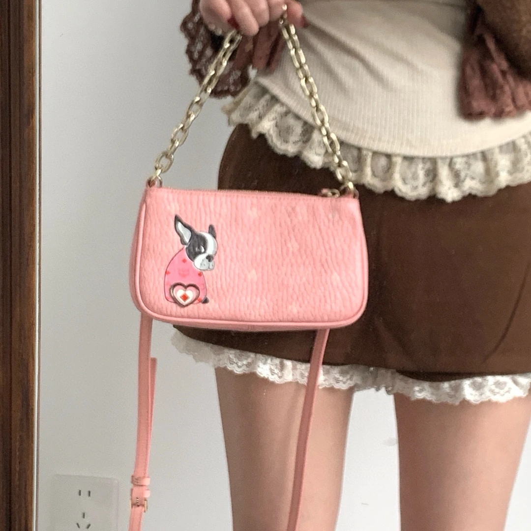 95新 MCM mcm 粉色法斗单肩腋下斜挎包