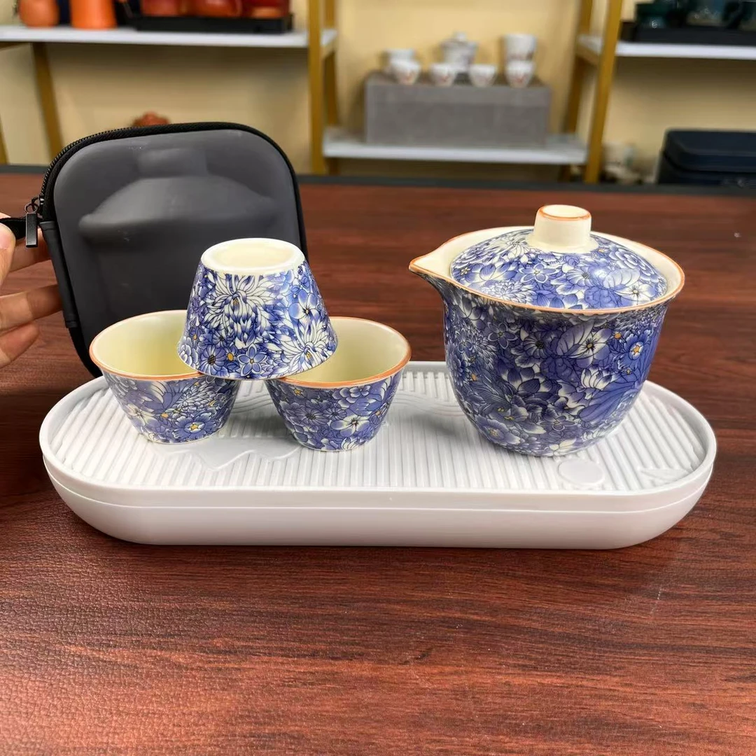 Z3166 汝窑繁花清韵手抓壶3杯白椭圆盘