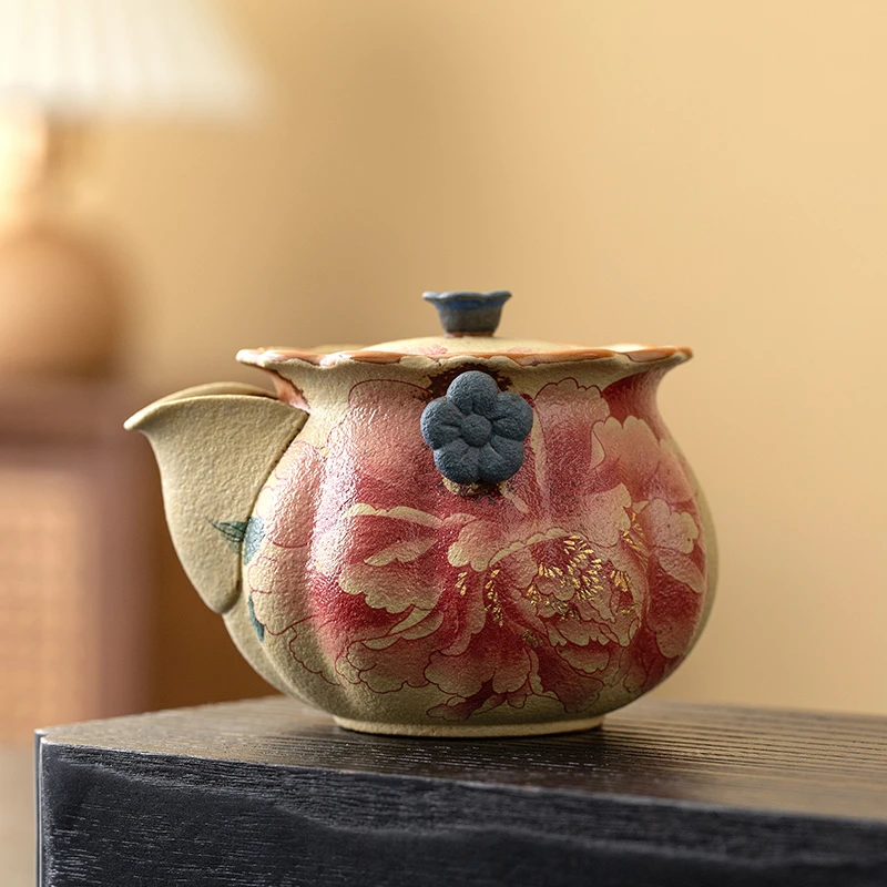 牡丹花青花火石红手抓茶壶一壶两杯功夫茶具高档复古泡茶壶礼盒装